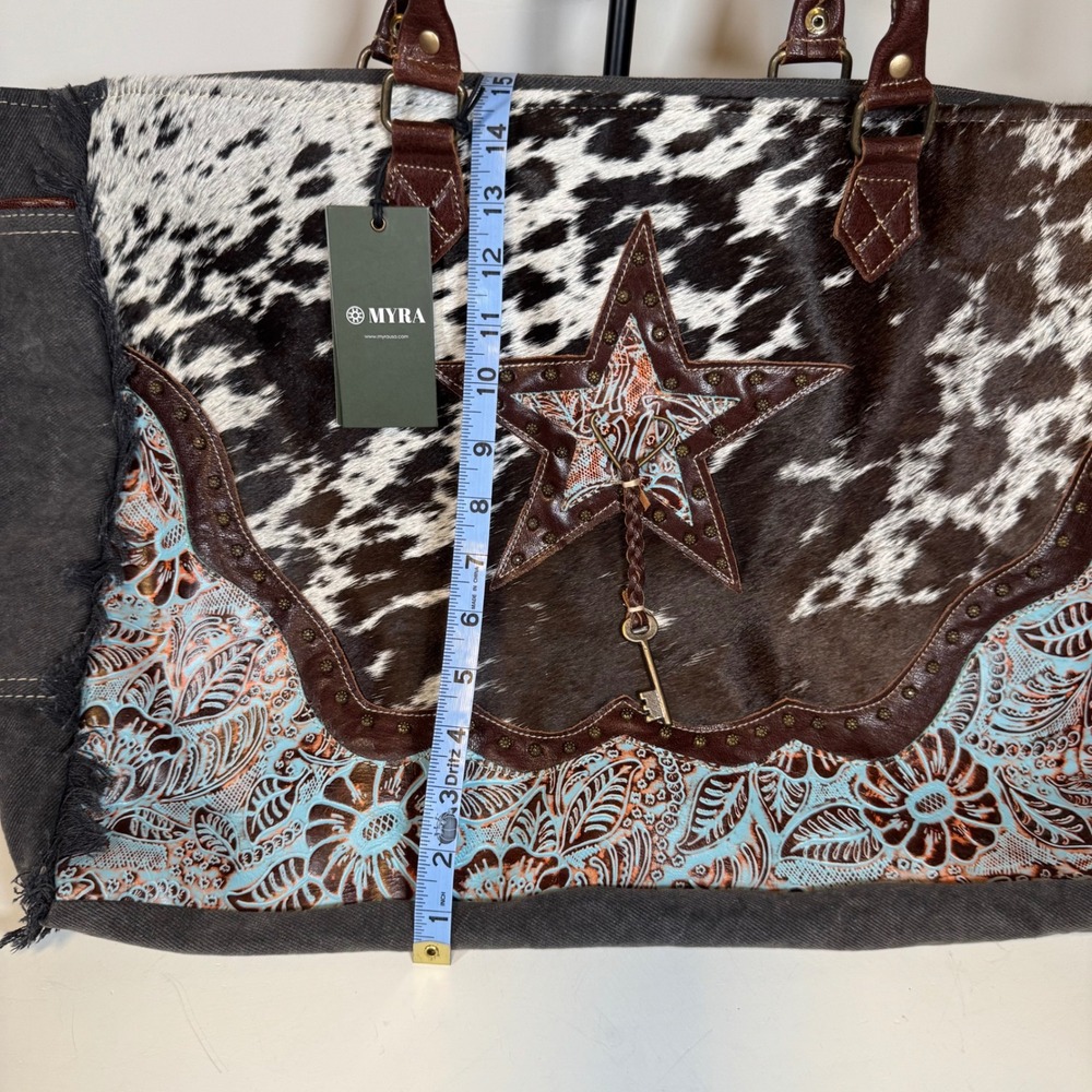 Myra Asterias Canvas & Hairon Western Cowhide Star Tote Bag S-4393 NWT - Picture 3 of 6